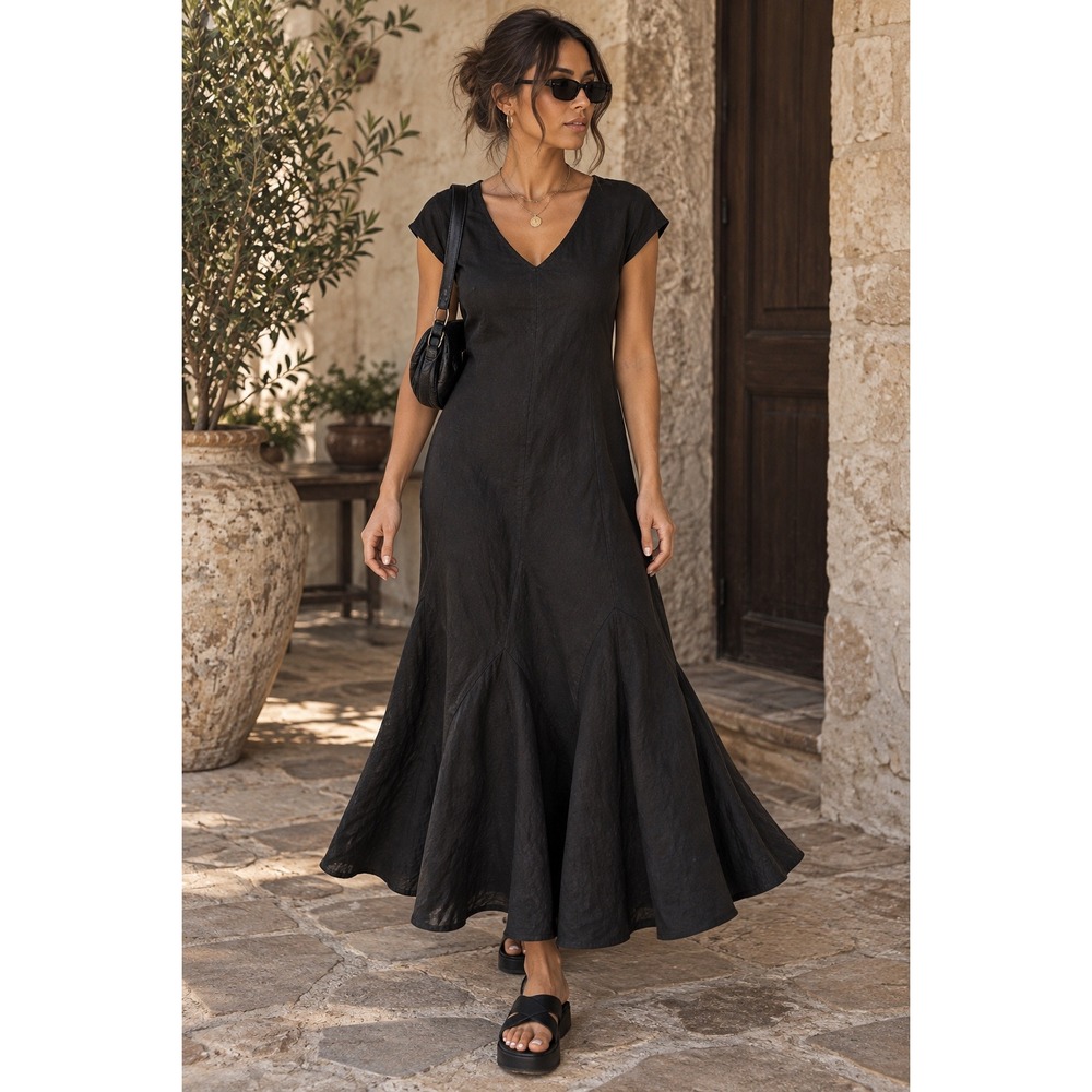 LANE BRYANT Flare Dress Women 18 20 Black 100% Linen V Neck Short Sleeve Plus